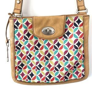 VTG Fossil Tan Leather Canvas Geometric Patterned Crossbody Bag Boho Retro NWOT